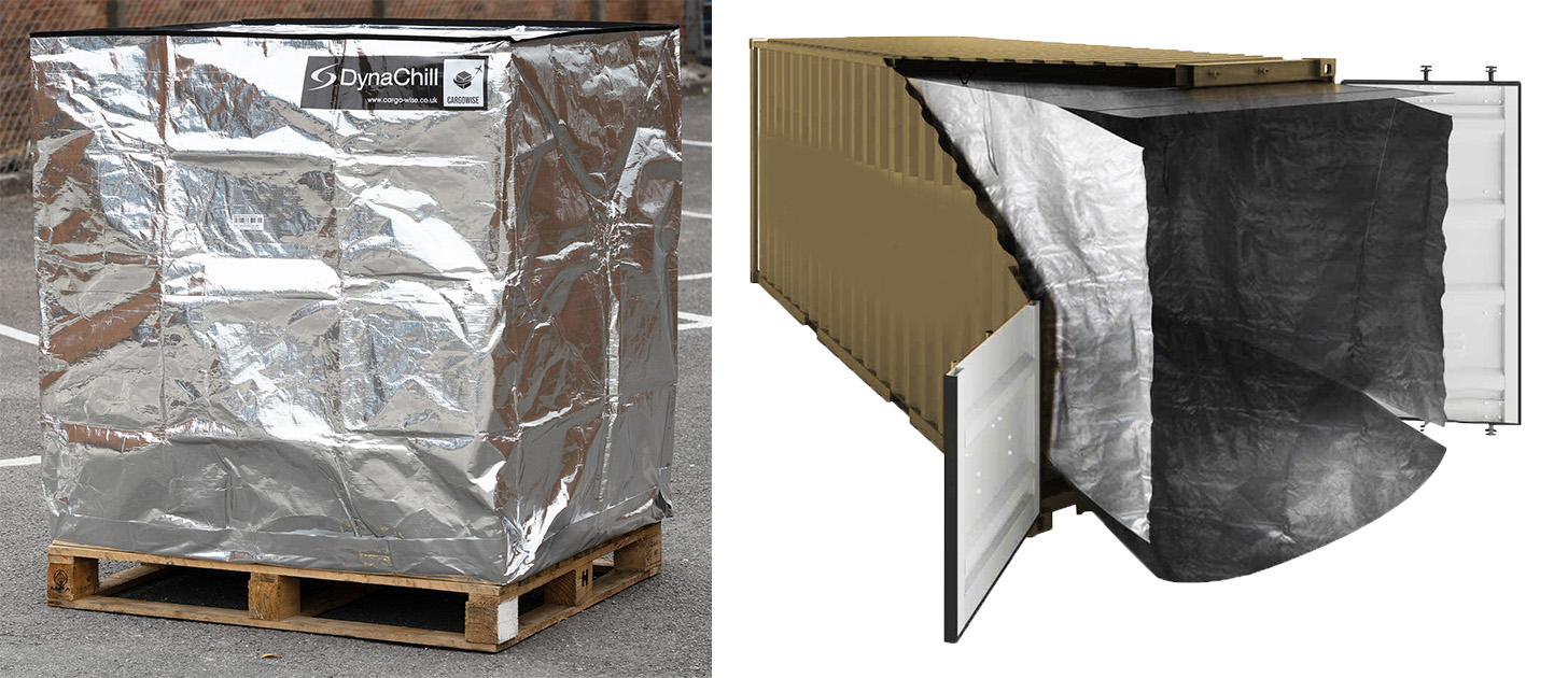 Montage of thermal foil pallet cover and container liner