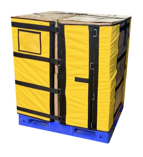 Yellow colour coded reusable pallet wrap on a plastic pallet