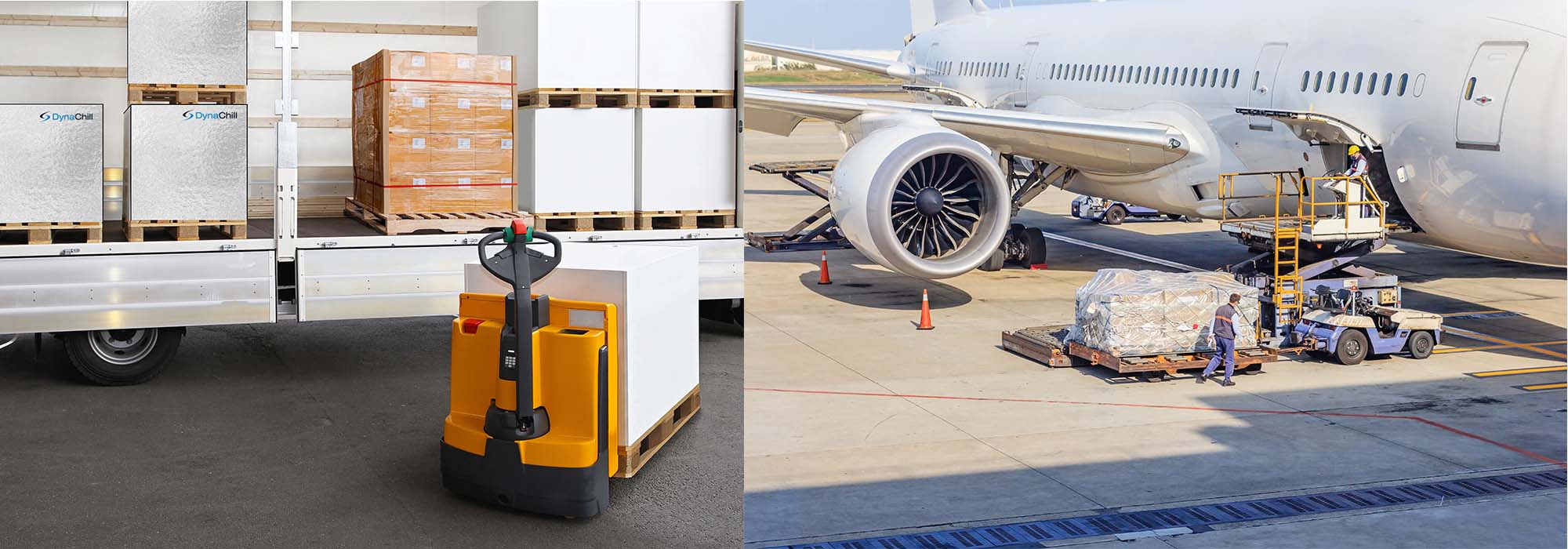 Cargo being loaded onto truck and plane