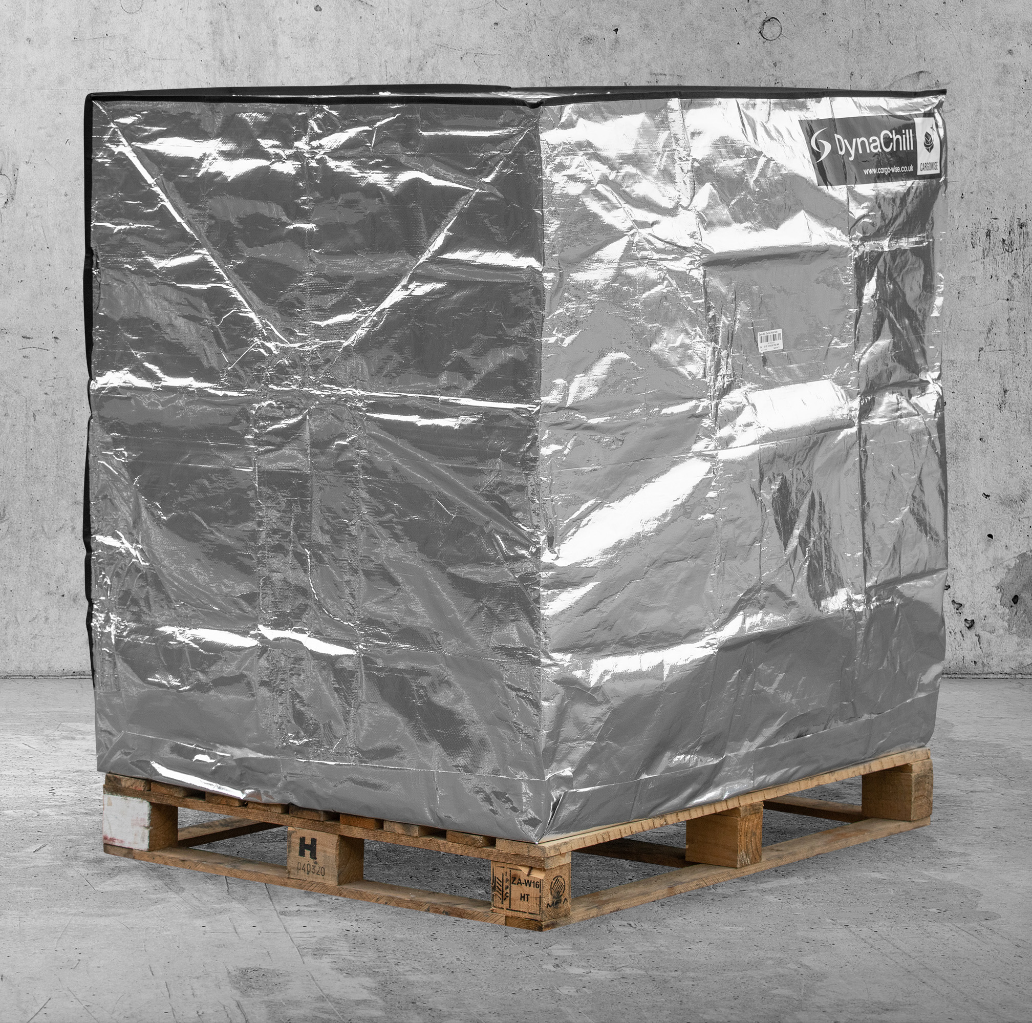 Dynachill thermal foil cover on a pallet in a concrete environment